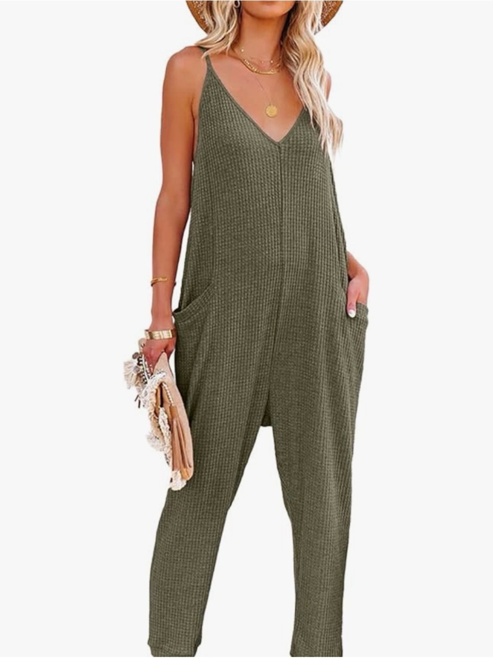 Olive Green Waffle Knit Jumpsuit Romper Adjustable Straps With Pockets Size L